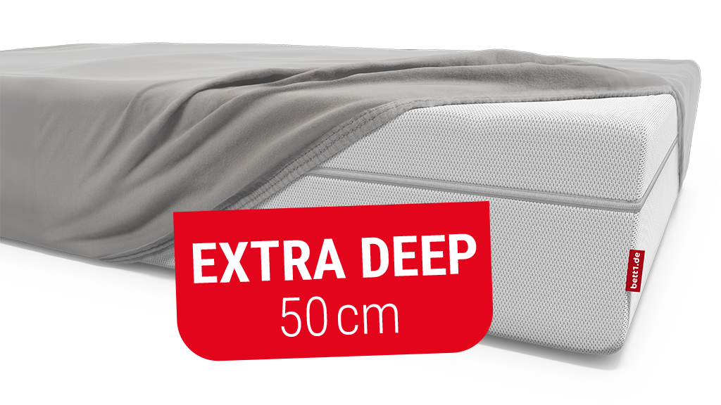 A high mattress is covered with a fitted sheet except for one corner. Text: extra deep 50 cm