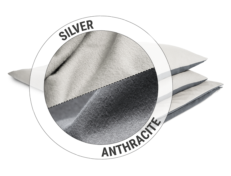 The BODYGUARD® Flannel Bed Linen: one half of a cut-out shows the silver side of the flannel fabric, the other the anthracite-coloured side. Text: Silver/anthracite	