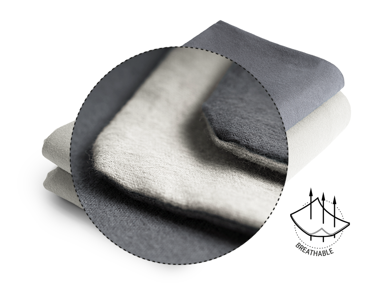 The BODYGUARD® Flannel Bed Linen: Zoom on the cover. Illustration of the fabric with three arrows running through it. Text: breathable