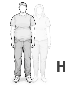 Illustration: Neben dem Buchstaben H sind zwei kräftige Personen mit ausgeprägten Schultern, Brust- und Bauchbereich. Der Bauch ist kräftiger als der Po. Im Vordergrund ist eine männlich gelesene, dahinter etwas transparent, eine weiblich gelesene Person