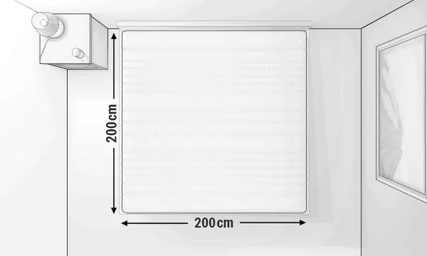 Illustration of a bedroom from a bird’s-eye view with a 200x200 cm mattress.