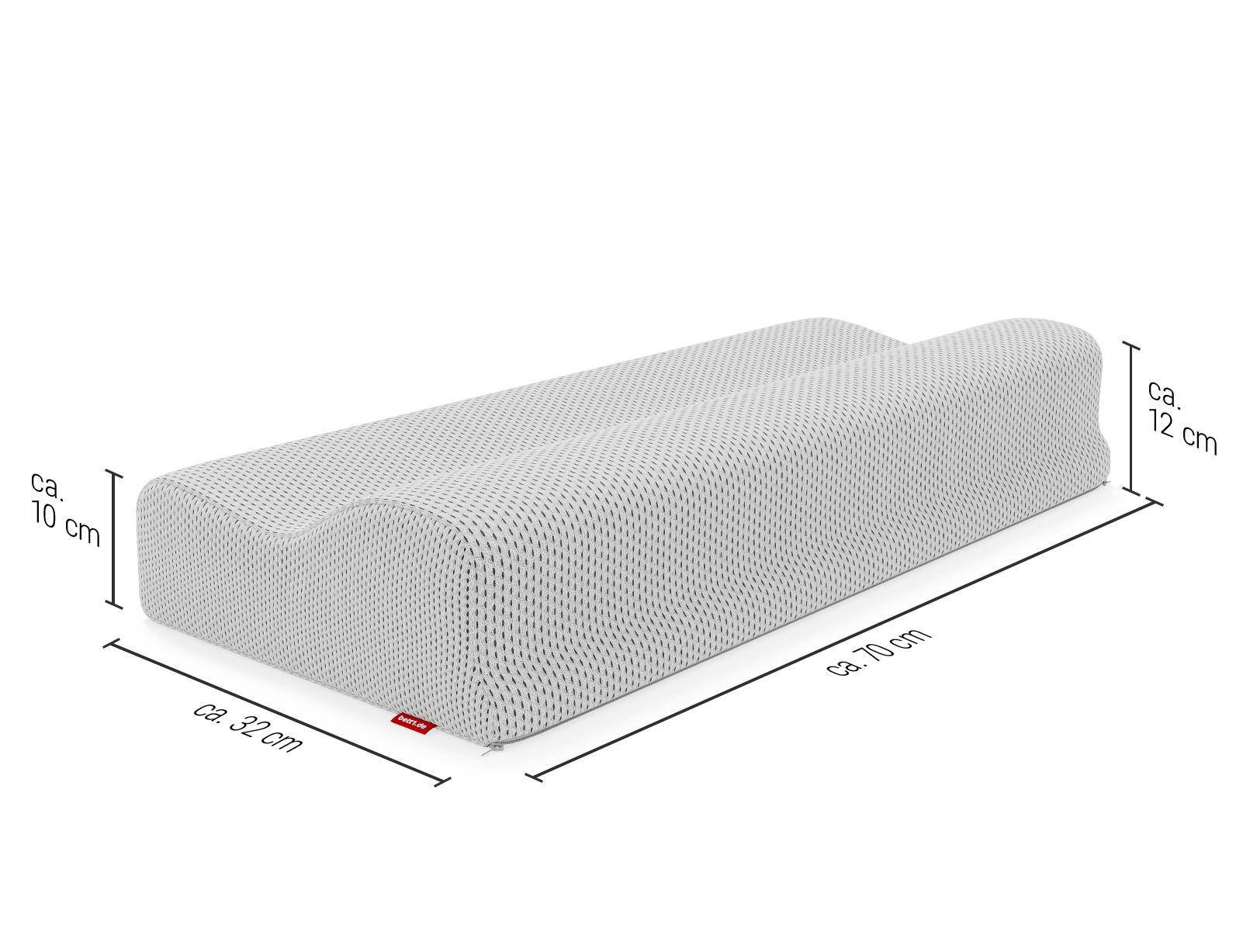 Das Nackenstützkissen, an dessen Seiten die Maßangaben verzeichnet sind: 70 x 32 x 10–12 cm (L x B x H).	