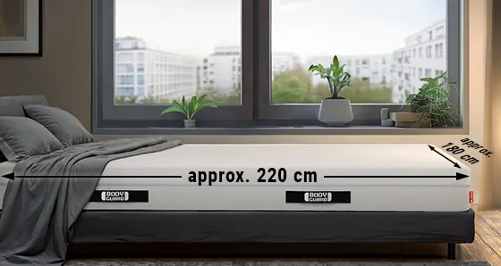 A BODYGUARD® mattress is lying in a bedroom. There is an arrow labeled “approx. 220 cm” on the long side and an arrow labeled “approx. 180 cm” on the wide side.