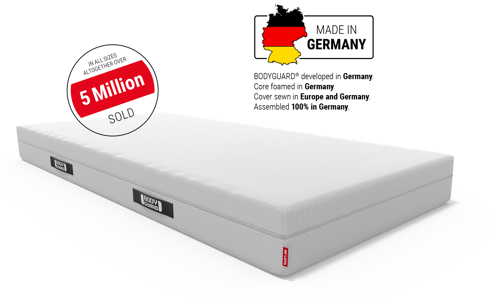 BODYGUARD anti-cartel mattress. Text: over 5 million sold in all sizes. Seal of approval from Stiftung Warentest.	