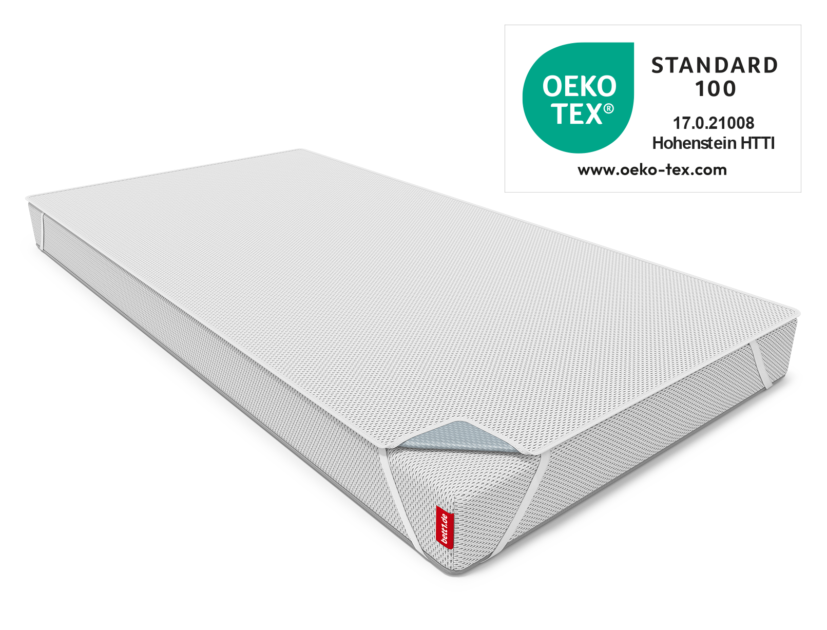 The BODYGUARD® Kids Mattress Protector is attached to the SuperBreeze® Kids Mattress with the retaining loops, next to the Oeko-Tex® Standard 100 seal.