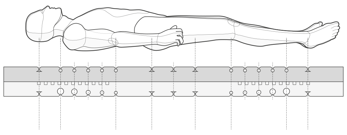 Illustration: Cross-section of the QXSchaum mattress core, with a person floating above it.