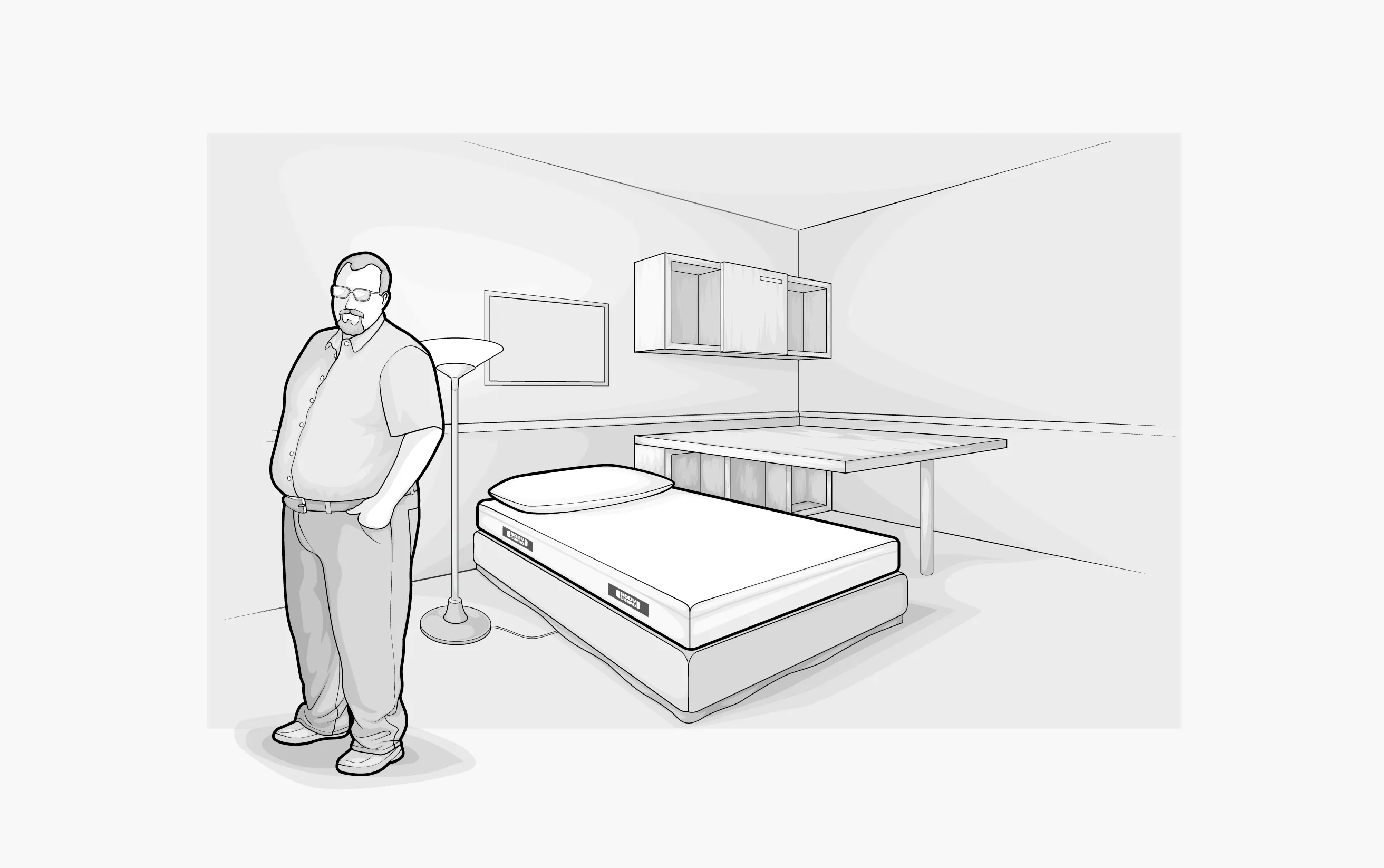 Illustration: Eine Person breiter Statur mit ausgeprägtem Bauch steht in einem Zimmer mit Einzelbett samt BODYGUARD Matratze.
