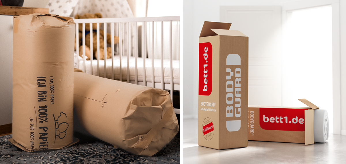 Photo split in two: left: rolled children's mattress in paper packaging, right: two shipping boxes of BODYGUARD mattresses for adults.