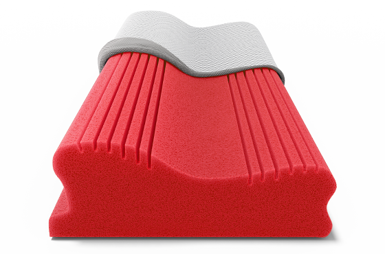 The BODYGUARD® neck support pillow is partially covered with a pillowcase, revealing the red foam core.	