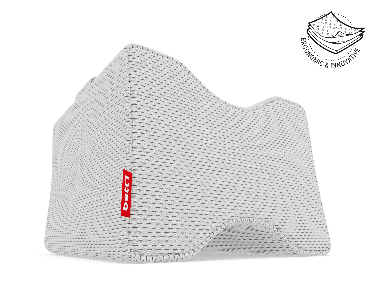 BODYGUARD® Knee Pillow. Next to it is the illustration of the cushion cover in three layers with the text: ergonomic and innovative	