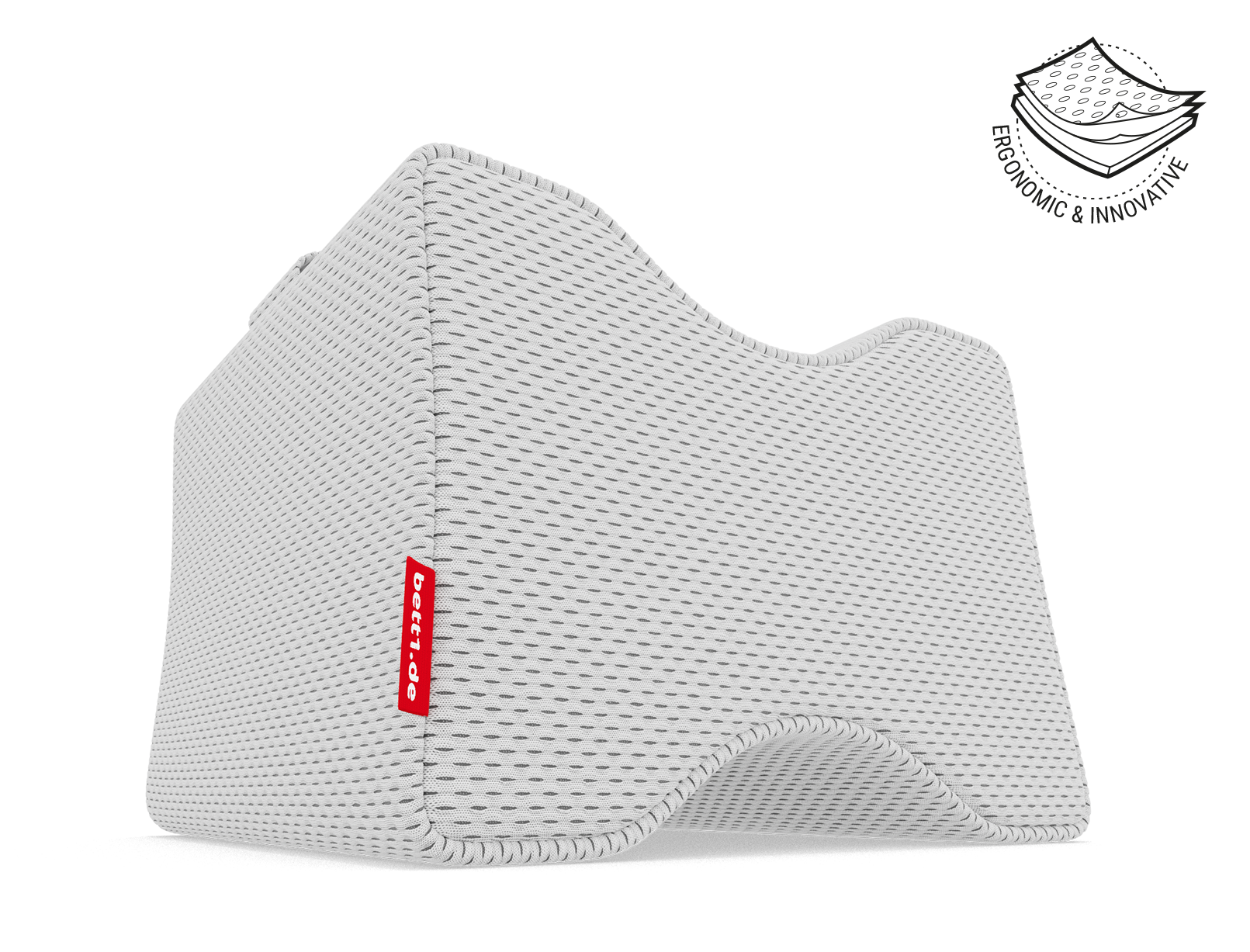 BODYGUARD® Knee Pillow. Next to it is the illustration of the cushion cover in three layers with the text: ergonomic and innovative	