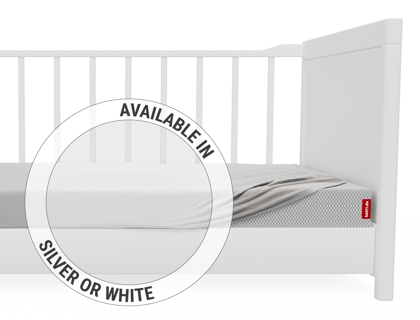 The BODYGUARD® children's fitted sheet stretched over the SuperBreeze® Kids Mattress in a cot. Zoom on the sheet in the white colour version. Text: Available in silver or white
