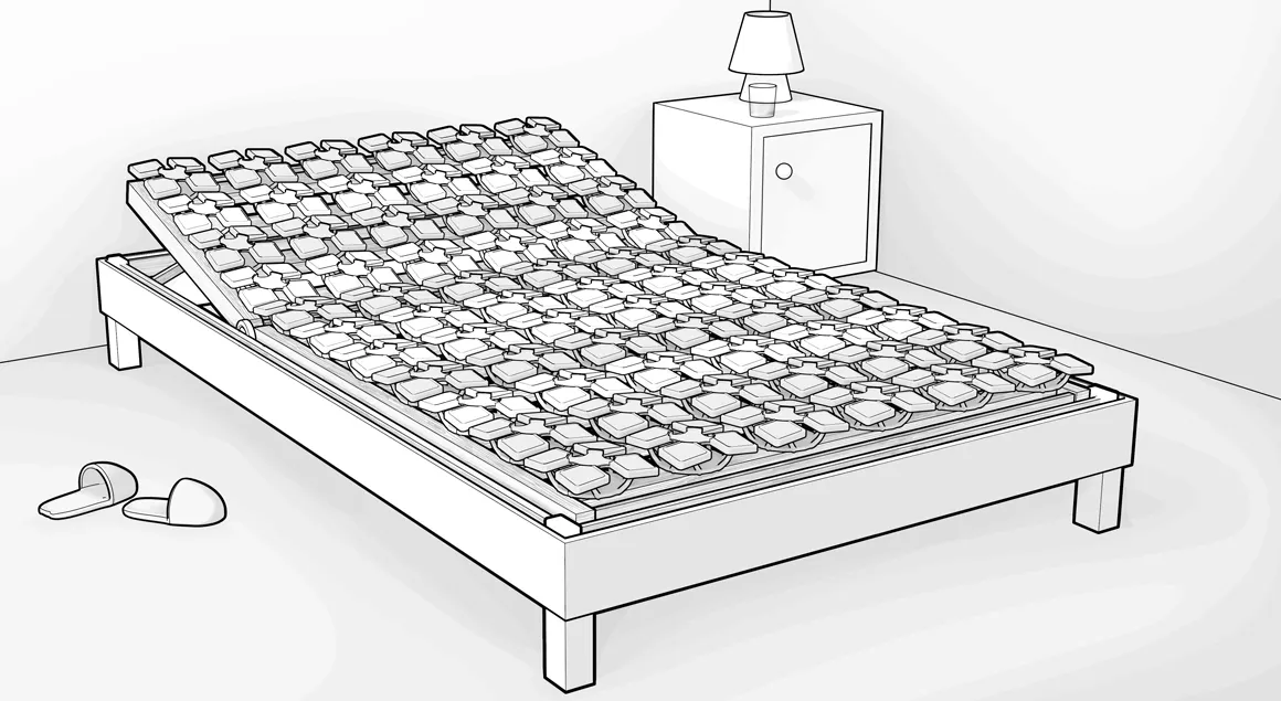 Illustration: A slatted base with elastic spring elements and a raised headboard.