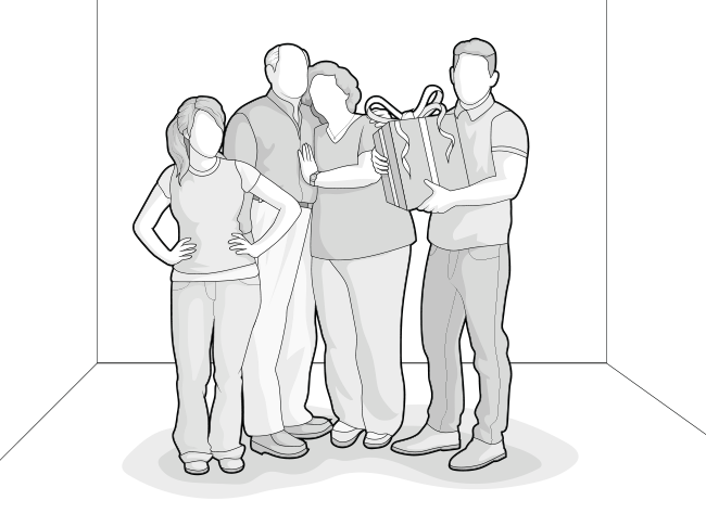 Illustration: Zwei ältere und zwei jüngere Menschen stehen in einem Raum dicht beieinander. Eine Person hält ein Geschenk.