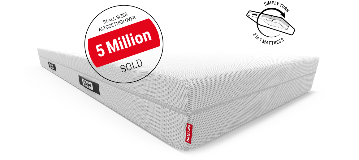 The BODYGUARD mattress. Text: More than 5 million sold across all sizes. A flipping icon is shown alongside