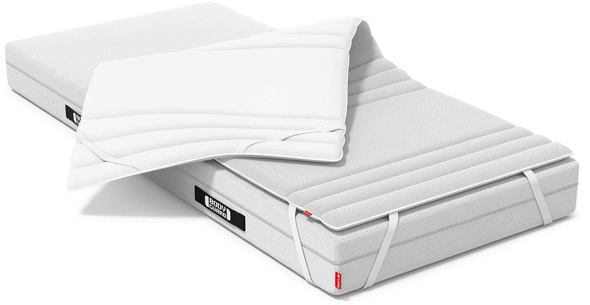 A BODYGUARD mattress partially covered with the BODYGUARD Topper. One half of the topper is folded back to reveal the reverse side of the cover.
