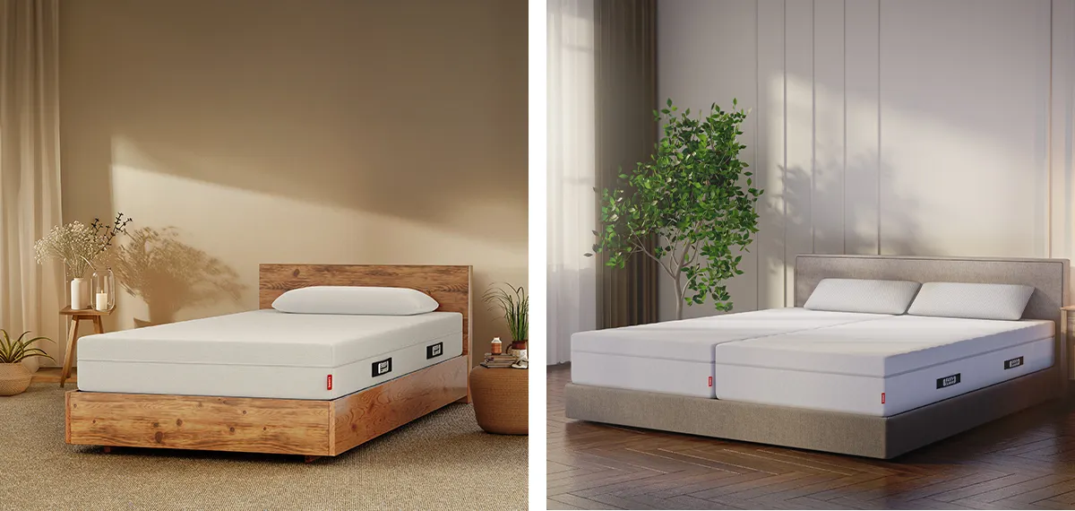 Two-part picture. On the left, a BODYGUARD mattress in a single bed. On the right, two BODYGUARD mattresses next to each other in a double bed.