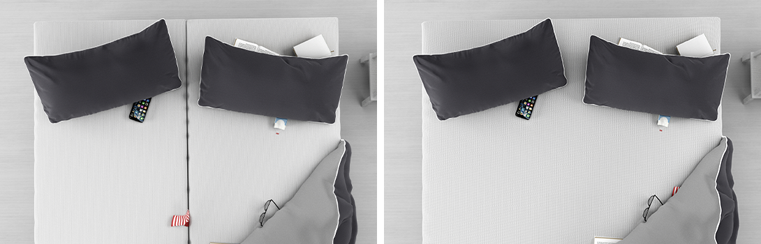 Split image: left, top view of a double bed with two 90x220 cm mattresses; right, top view of a double bed with one continuous 180x220 cm mattress. Each bed has two pillows. A duvet and everyday items are spread across the beds