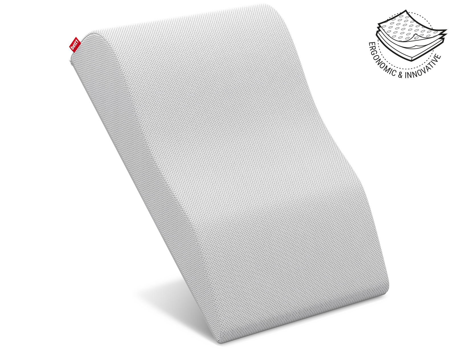 BODYGUARD® Leg Elevation Pillow placed upright and balanced on its thin side. Next to it is the illustration of the cushion cover in three layers with the text: ergonomic and innovative