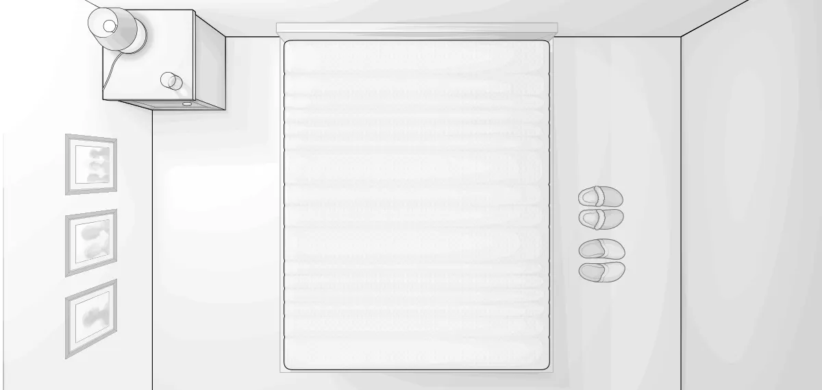 Bird's eye view illustration: a bedroom with bedside table and a bed with 160x200 cm mattress.