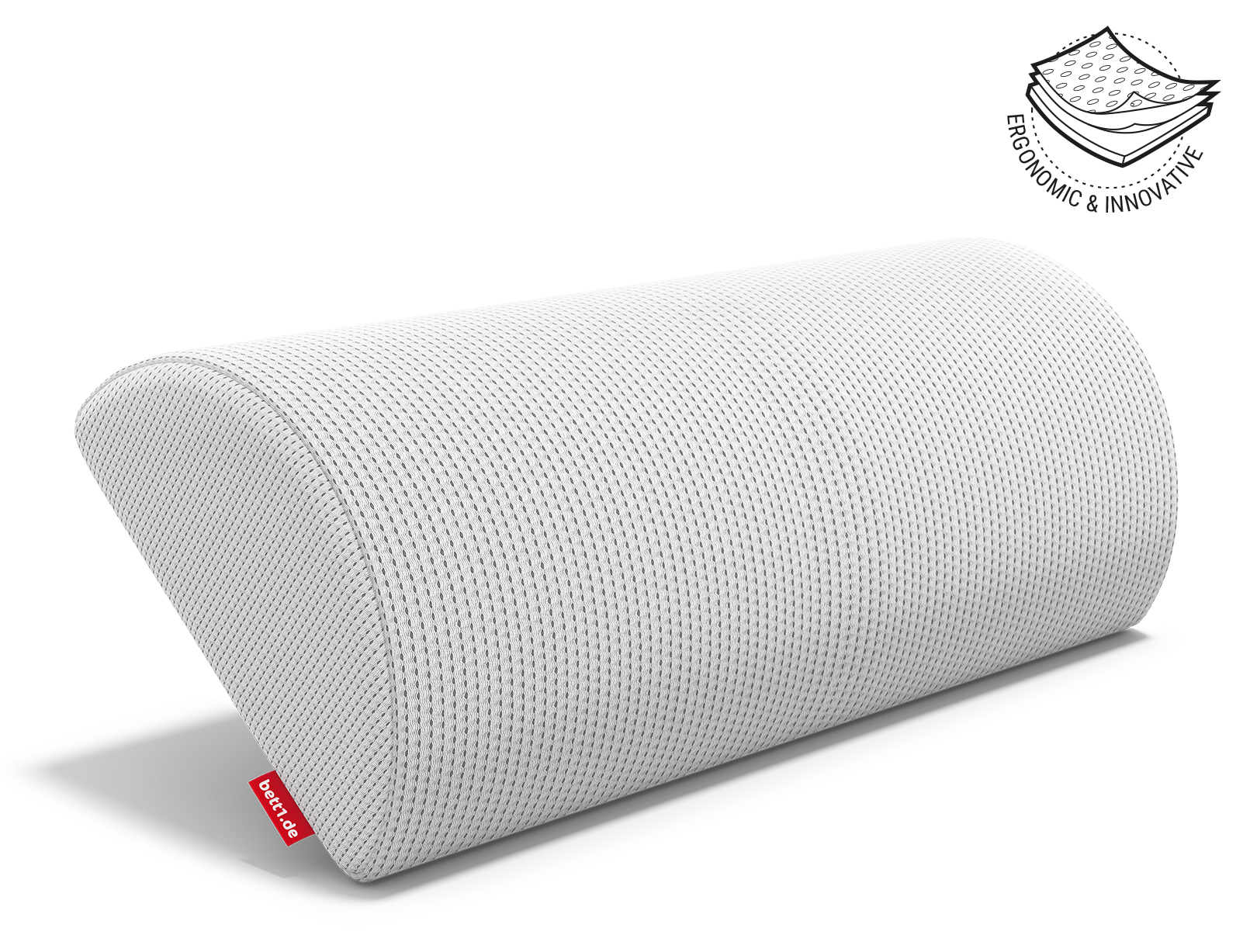 BODYGUARD® Bolster placed upright and balanced on its thin side. Next to it is the illustration of the cushion cover in three layers with the text: ergonomic and innovative