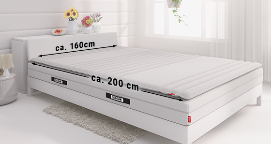 A 160x200 cm mattress lies in a bed. The dimensions are written on the sides.