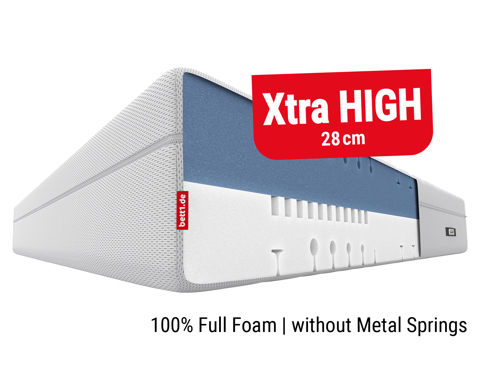 BODYGUARD Boxspring Mattress. Text: Xtra high 28 cm, 100 % solid foam, without metal springs.	