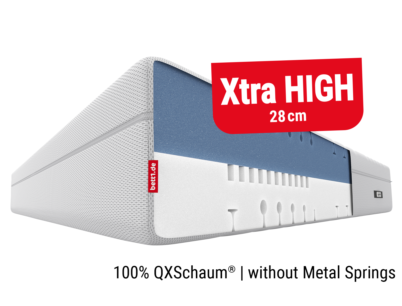 BODYGUARD Boxspring Mattress. Text: Xtra high 28 cm, 100 % QXSchaum, without metal springs.	