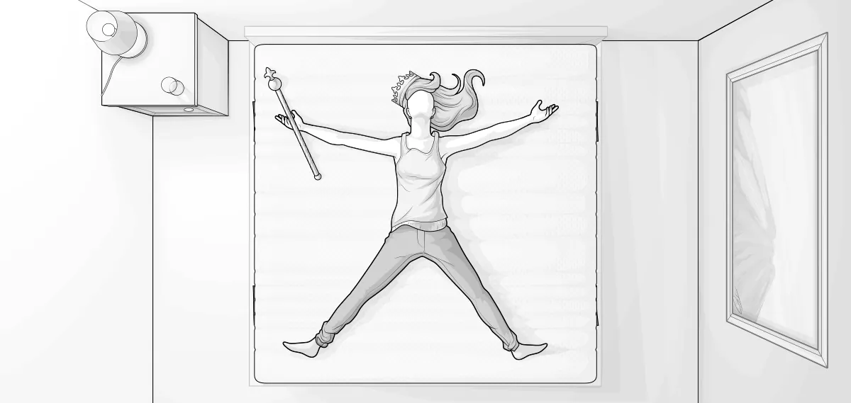 Illustration in Vogelperspektive: Auf einer Matratze 200x200 cm liegt mit ausgebreiteten Armen und Beinen eine Person in Rückenlage.