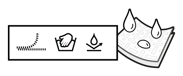 Illustration: Drops falling onto a piece of fabric. Next to it are three symbols: a zip, a hand-wash symbol and a symbol indicating water-repellent properties