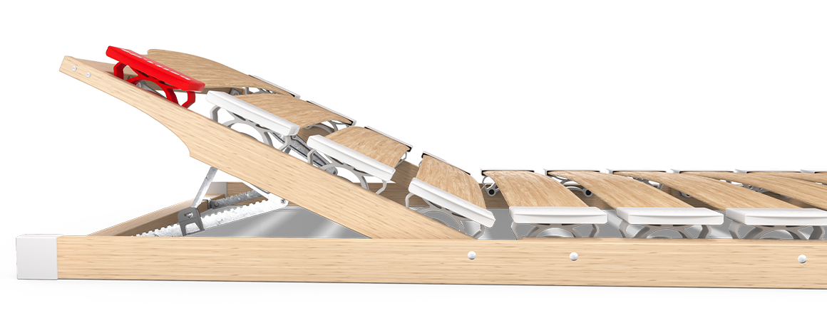 The BODYGUARD slatted frame with raised headboard in side perspektive.