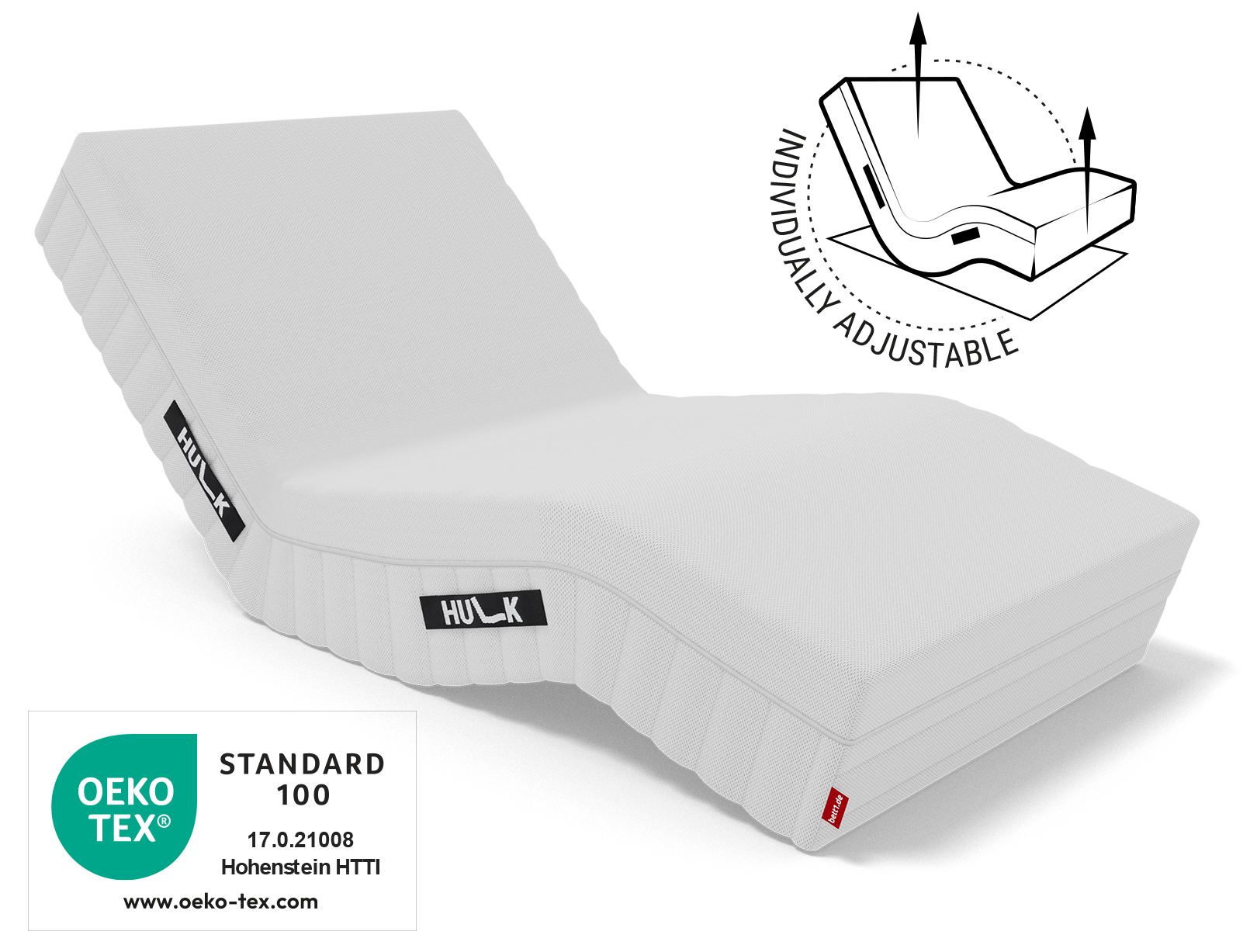 The angled HULK with Oeko-Tex® seal. Illustration: Hulk with arrows on the head and foot sections, text: Individually adjustable