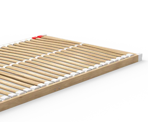 The BODYGUARD® Slatted Frame Basic. A round field with the illustration of a piece of wood and the text: 100% real beech wood, 28 slats, hard-wearing and durable	