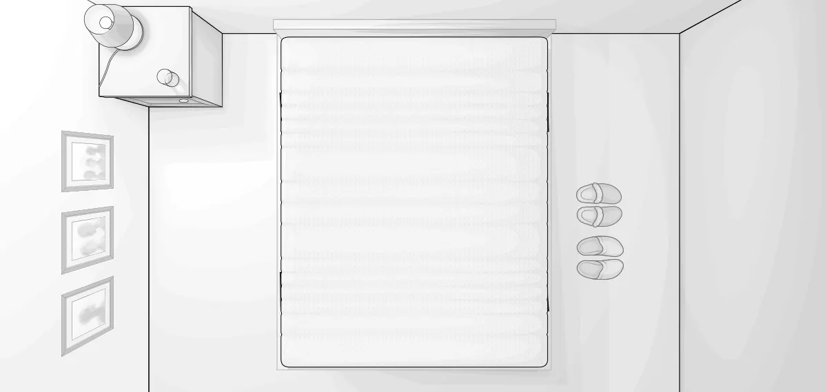 Bird's eye view illustration: a bedroom with bedside table and a bed with 160x200 cm mattress.