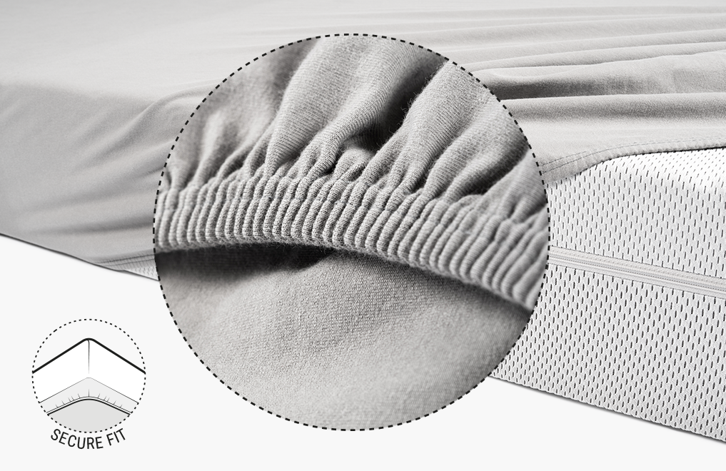  The BODYGUARD® mattress covered with the jersey fitted sheet in silver. Zoom on the reinforced, elasticated hem. Illustration showing the underside of the mattress with the hem of the sheet pulled over it. Text: secure hold	