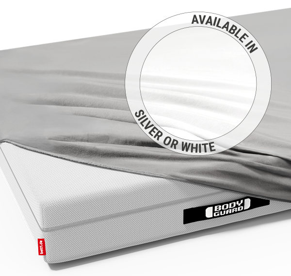 A BODYGUARD mattress, half-covered with the BODYGUARD jersey fitted sheet in silver and white