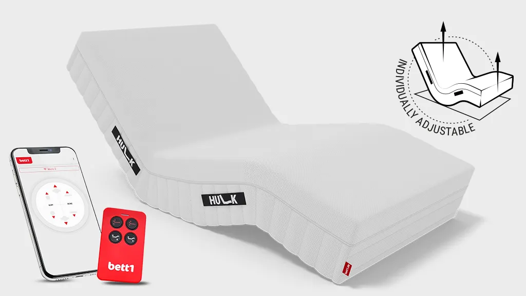 The HULK Mattress with the head and foot sections raised. Next to it are a smartphone displaying the HULK app and a bett1 remote control. Text: Individually adjustable