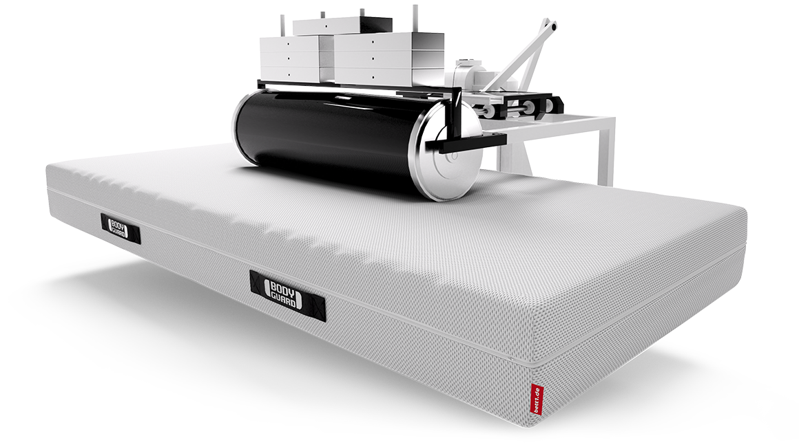 A BODYGUARD mattress is weighed down by a large roller attached to a frame