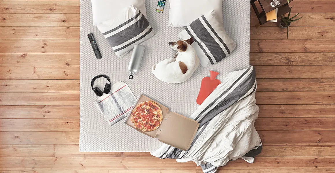 Bird's-eye view photo: Various items are lying on a mattress between pillows and blankets, including an open pizza box, a dog, headphones, a cell phone, a remote control, and a hot water bottle.