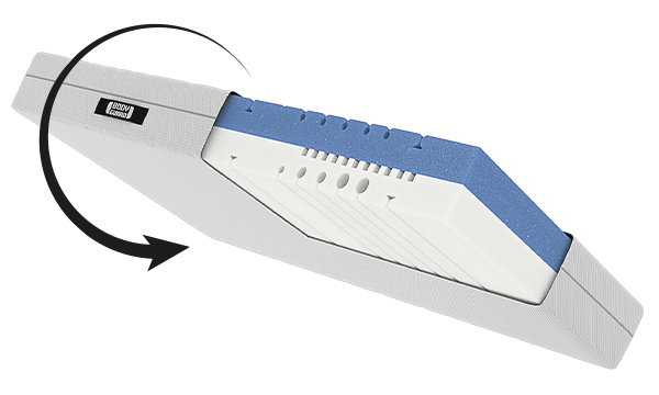 BODYGUARD Anti-Kartell-Matratze: A cutaway view shows the two-tone mattress core beneath the mattress cover. Next to it is a flip symbol