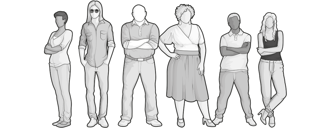 Illustration: people with different external characteristics are standing next to each other.