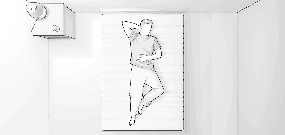 Illustration in Vogelperspektive: Eine Person liegt mittig auf einer Matratze 140x200 cm.