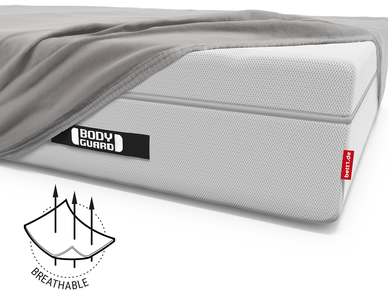The BODYGUARD® Boxspring mattress covered with the extra high fitted sheet. Illustration of the fabric with three arrows running through it. Text: breathable	