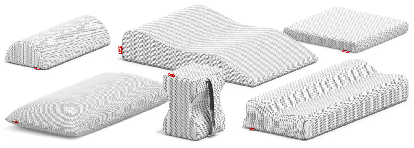 A compilation of the BODYGUARD pillows from bett1: Ergonomic Pillow, Memory Foam Pillow, Knee Pillow, Bolster, Leg Elevation Pillow and Seat Cushion.