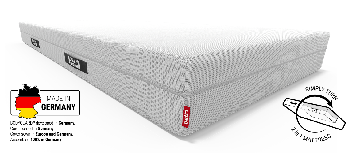 BODYGUARD® anti-cartel mattress. Map of Germany with text: Made in Germany: BODYGUARD® developed in Germany. Core foamed in Germany. Cover sewn in Europe and Germany. Manufactured 100% in Germany.