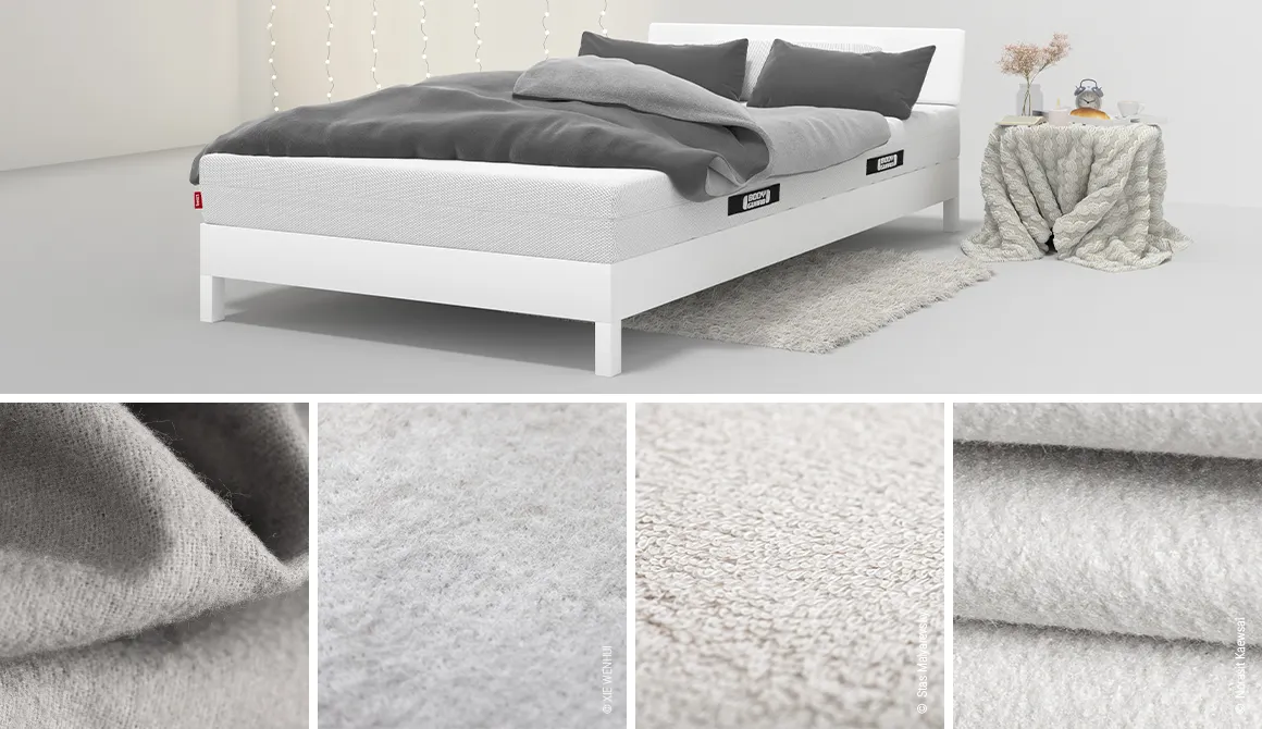 Bedding covered with winter bedding lies on a bed, including four tiles focusing on different types of warming bedding.