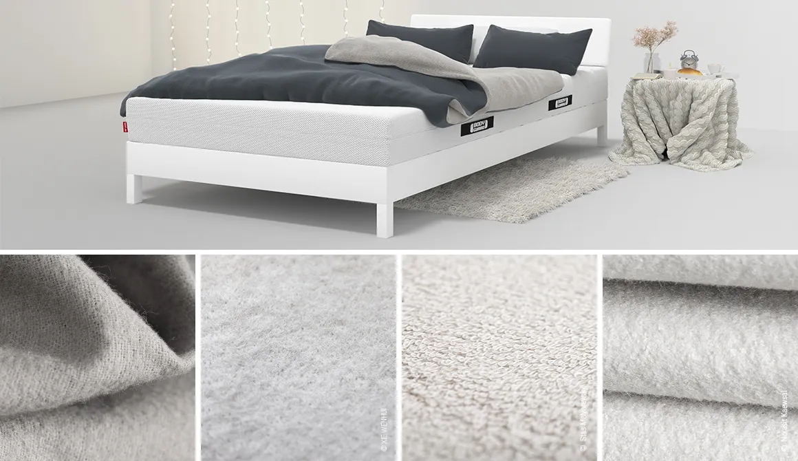 Bedding covered with winter bedding lies on a bed, including four tiles focusing on different types of warming bedding.
