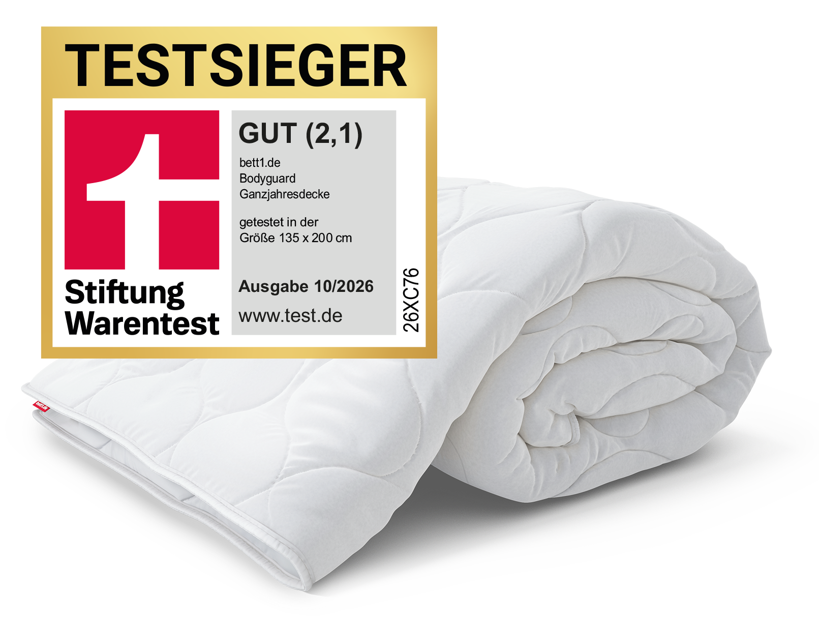 Die BODYGUARD Ganzjahresdecke mittelwarm eingerollt. Stiftung Warentest: Gut 2,1.