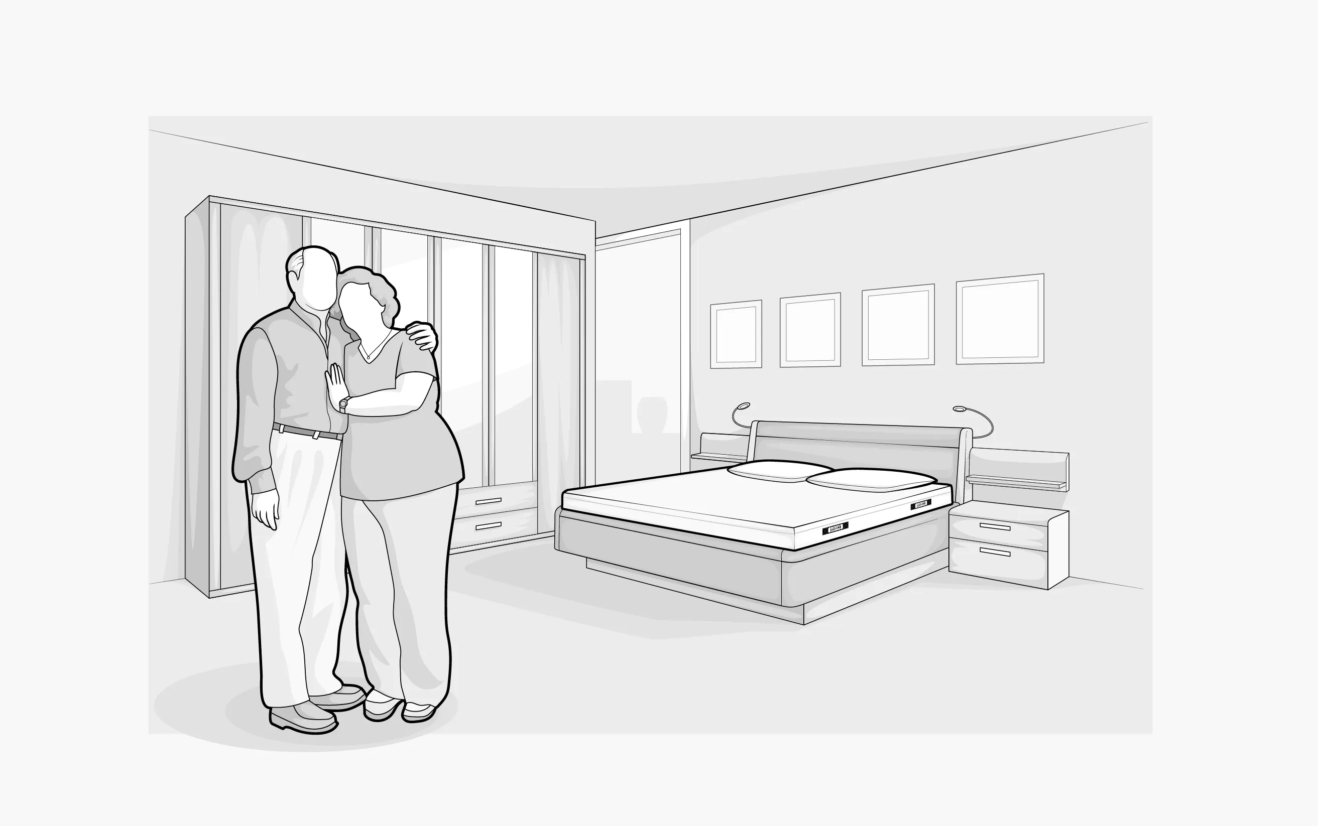 Illustration: Zwei ältere Personen stehen in einem Schlafzimmer mit Doppelbett samt BODYGUARD Matratze und umarmen sich.