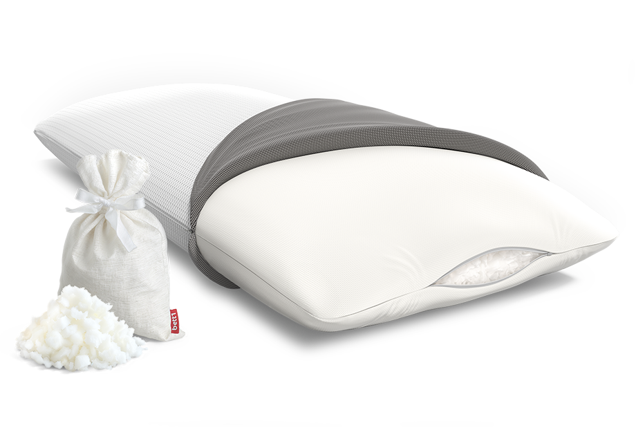 The BODYGUARD Memory Foam Pillow with open cover and view inside the pillow, a small bag and a pile of foam flakes